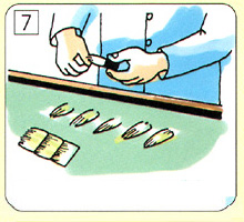 7.將毛裝入製作筆芯的筒中，製成規定粗細的筆芯。